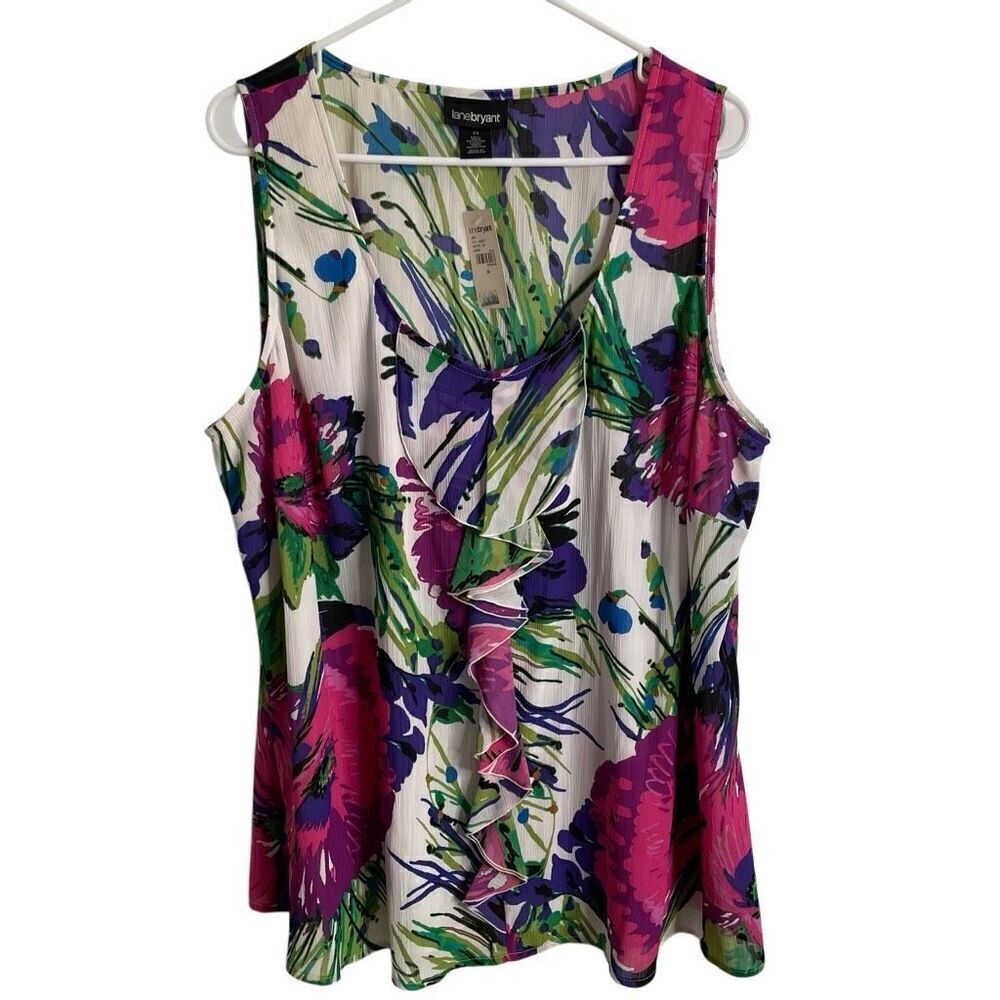 Lane Bryant Womens Sleeveless Shirt 24 Purple Floral Ruffle Trim Scoopneck Lined